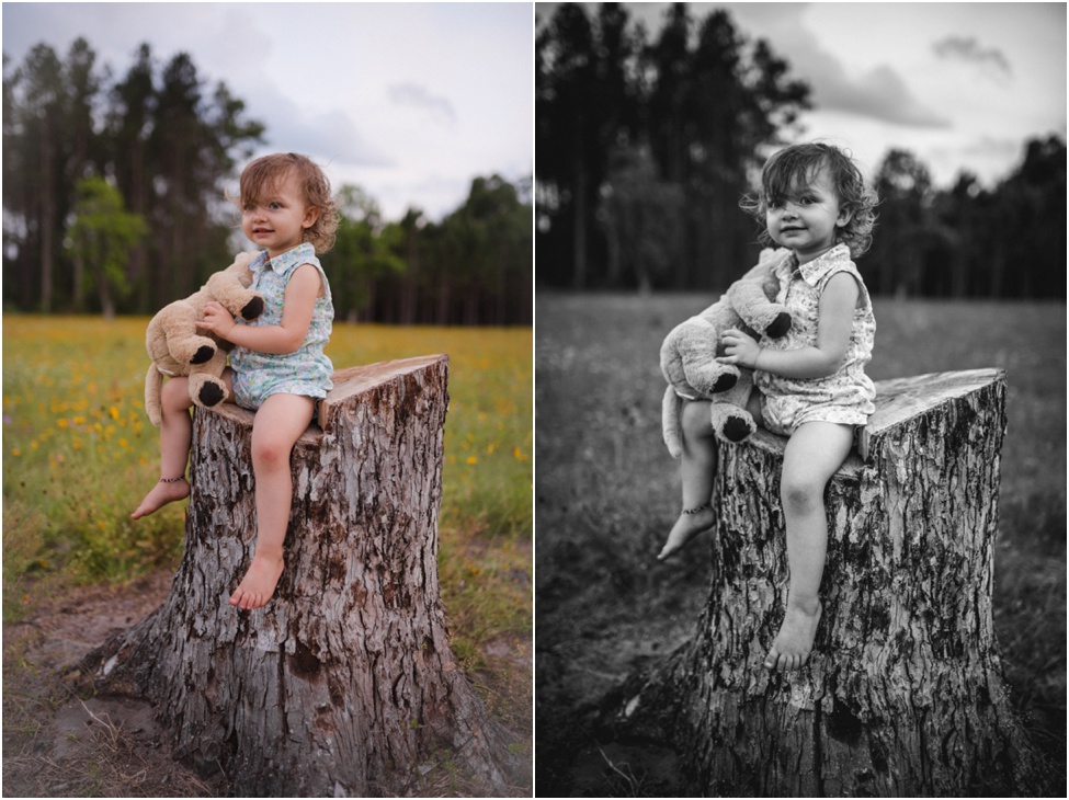 portrait of baby girl sitting on tree trunk | jacksonville children photographer