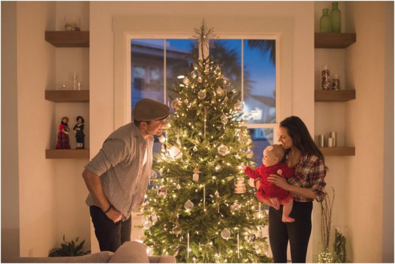 Christmas family session Jacksonville. Children photographer. First Christmas by the tree. Holidays photos Ponte Vedra, Neptune Beach, St. Augustine Florida