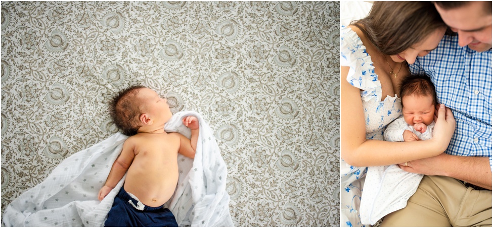 Ponte Vedra newborn photographer. Jacksonville baby session. At home family photos with 7 days old baby boy. San Marco parents with their new son. New baby boy and his furry friend