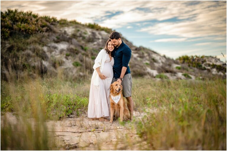 Ponte Vedra Beach maternity session with a furry friend. Sunset pregnancy session with a dog.Jacksonville maternity photographer.