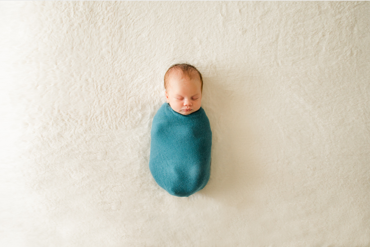 Classic portrait of tiny 7 day old newborn boy looking like a little peanut during Jacksonville newborn session by Monika Colichio Photography