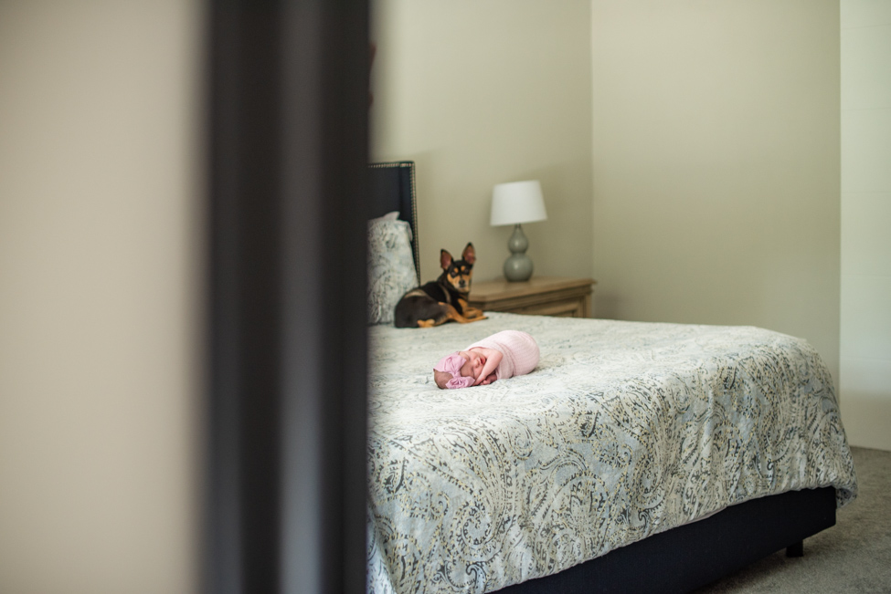 Wide angle newborn picture of baby laying on the parents bed during Jacksonville lifestyle newborn session