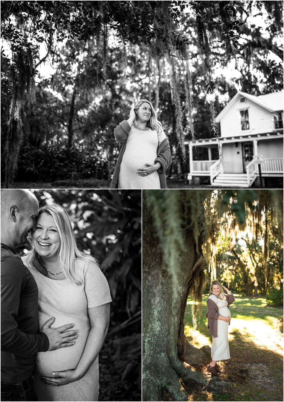 expecting parents snuggling together under old oak trees at Maternity Session at a St. Johns, FL Park