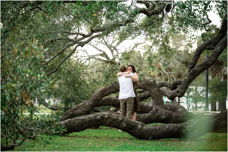 A moment of embrace after a couple engagement at Treaty Park Jacksonville FL